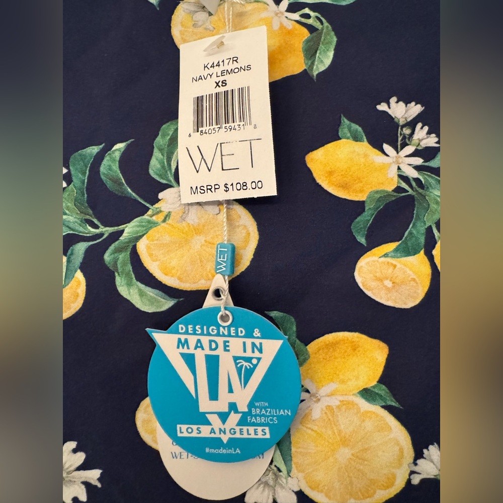 Wet Swimwear Sardinia Bri Navy Blue Lemons Print Long Sleeve Crop Top Size XS - Picture 6 of 12